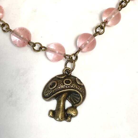 Cute Cherry Quartz Bronze Round Mushroom Adjustable Pendant Choker - Picture 4 of 16